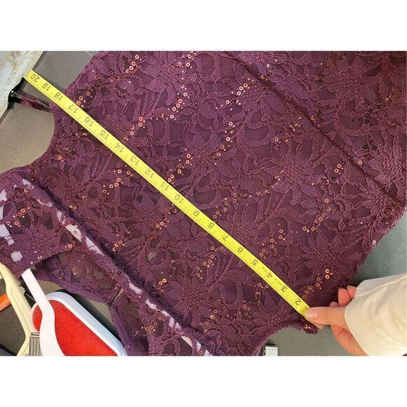 BLU SAGE Eggplant Purple Sequin Lace Layered Formal Cocktail Dress Shirt Sleeve - Picture 13 of 13